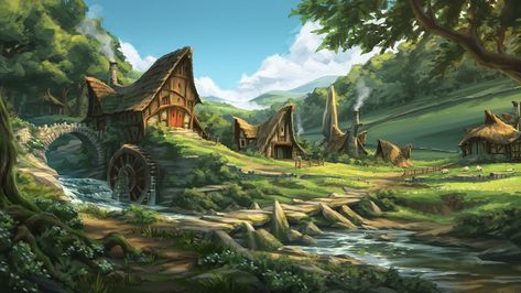 Rhubarb Village, Elliot Upton on ArtStation at https://www.artstation.com/artwork/yK34O Halfling Village Art, Fable Concept Art, Concept Art Village, Halfling Village, Fantasy Artwork Landscape, Lukisan Lanskap, Fantasy Village, Creature Fantasy, Gato Anime