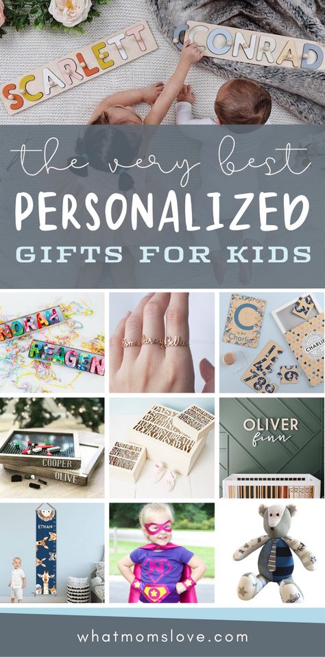 Best Personalized Gifts for Kids | Unique custom Christmas or birthday present ideas for girls and boys, from babies to toddlers and teens. Your children will cherish these gifts and they will become keepsake in your family. #giftideas Personalized Gifts For Boys, Personalized Gifts Kids, Personalized Kids Gifts, Best Personalized Gifts, Birthday Present Ideas, Toy Gift Guide, Non Toy Gifts, Personalised Gifts Diy, Meaningful Christmas