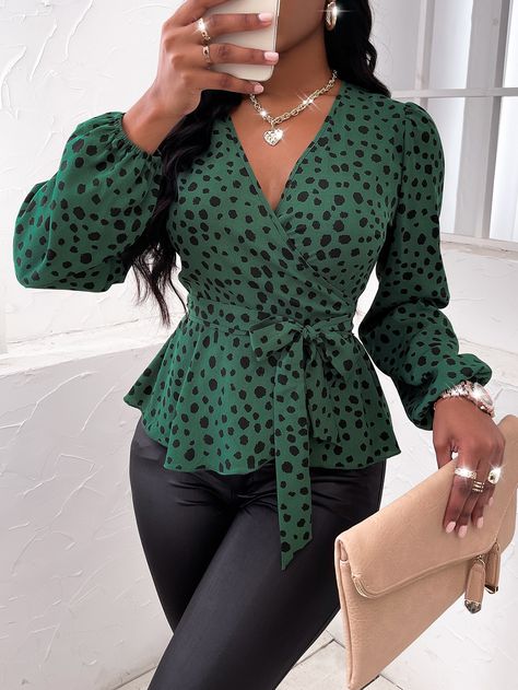 Random Dalmatian Print Lantern Sleeve Belted Blouse | SHEIN USA Shifon Tops For Women, Shifon Top Design, Shifon Blouse Designs, Classy Tops For Ladies, Corporate Blouse Office Wear, Crepe Top Styles, Designer Tops For Women Classy, Office Blouses For Women, Shifon Blouse