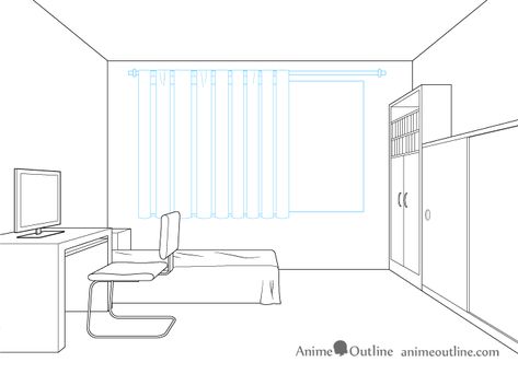 One point perspective drawing window curtains Perspective Room Drawing, Bedroom Perspective, Point Perspective Room, One Point Perspective Room, Room Perspective Drawing, Perspective Room, Perspective Drawings, 1 Point Perspective, Friend Wallpaper