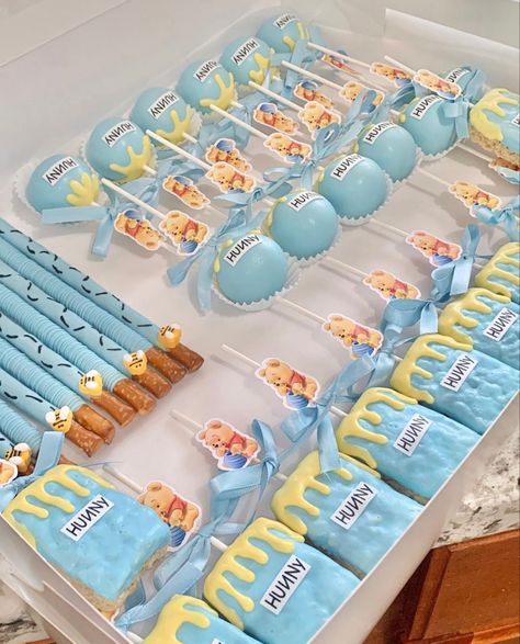 Winnie The Pooh Desserts Sweets, Winnie The Pooh Treats Sweets, Winnie The Pooh Sweets, Blue Winnie The Pooh Baby Shower Ideas, Whinnie The Pooh Baby Shower Ideas Decoration Dessert Tables, Winnie The Pooh Baby Boy Shower Ideas, Winnie The Pooh Deserts, Baby Shower Treat Table Ideas, Winnie The Pooh Baby Shower Dessert Table