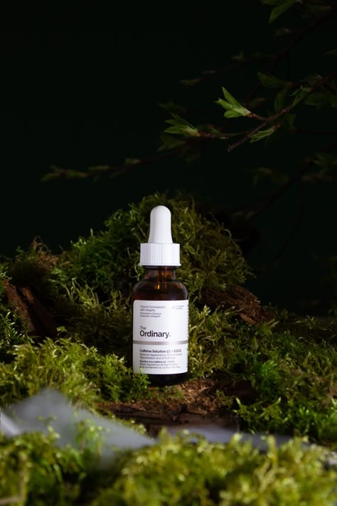 The Ordinary Caffeine Solution 5% skincare product photography Moss Product Photography, Nature Skincare Photography, Tincture Product Photography, Stone Product Photography, Moody Product Photography Ideas, Outdoor Brand Photography, Forest Product Photography, Mountain Product Photography, Cosmetic Product Shoot