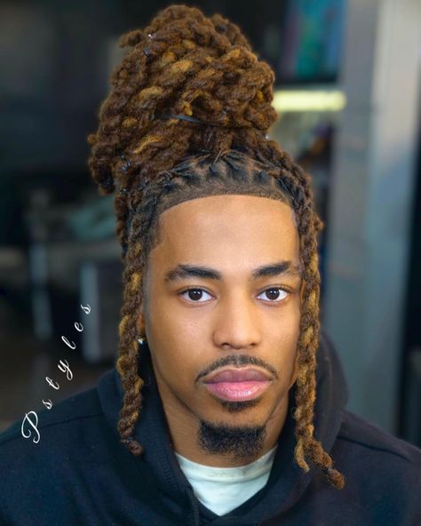 Loc Man Bun, Men Updo Hairstyles, Loc Styles Men Long, Men Loc Styles For Wedding, Loc Hairstyles Men Long, Dread Hairstyles For Men Color, Loc Updo For Men, Updo Dreadlock Styles For Men, Locs Ponytail Styles Men