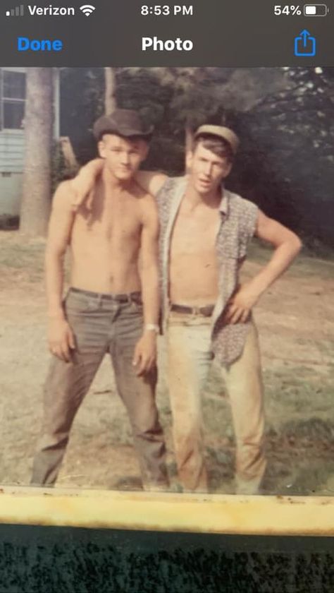 Blast from the past! Joy found this old photo of Mike (with cowboy hat) and his lifelong friend, Danny taken at their house in Talladega after Mike & Danny had been on the job working all day. They worked summers for Mike's Uncle Bill Callahan!! Can't believe Mike was ever that young and that skinny!! Spent day getting ready to go camping and packing the camper. Bill Callahan, Night Tide 1961, The Action 60s Mod Band, Night Of The Iguana 1964, Woman In The Dunes 1964, Summer Job, Lost People, Cuban Missile Crisis, Tidal Wave