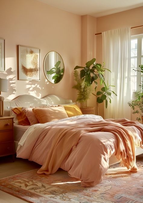 Earth Tone Bedroom Ideas Aesthetic, Relaxed Room Ideas, Elegant Colorful Bedroom, Organic Colorful Interior Design, Calming Green Bedroom Colors, Room Colour Schemes Bedrooms, Light Colorful Bedroom, Bedroom Decor Calming, Light Orange Room Aesthetic