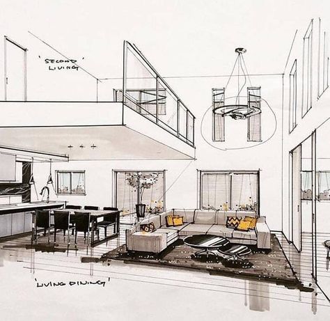 CONTEMPORARY HOME NOW on Instagram: “Via: @sketchesnow What do you think about this sketch? . . . #sketch__vision #archsketch #archi #archistudent #sketchaday #arch_more…” Croquis Architecture, Interior Architecture Sketch, Interior Design Sketchbook, Rendering Interior, Warehouse Living, Asma Kat, Interior Design Renderings, Interior Architecture Drawing, Drawing Interior