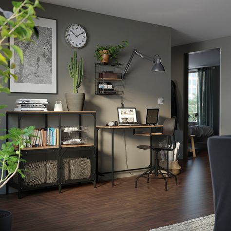 Make sure you have a great day at work – at home. This set has everything you need for a complete and functional workspace with a chair, desk and storage. Ready to use in a flash! FJÄLLBO/KULLABERG / GULLHULT Desk and storage combination Fjällbo Ikea, Regal Industrial, Industrial Style Bedroom, Ikea Regal, Stil Rustic, Chair Desk, Solid Wood Shelves, Timeless Furniture, Rustic Shelves