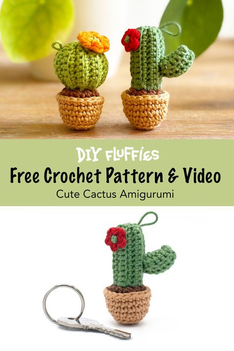 Amigurumi Free patterns and step-by-step crochet tutorials. You can find this cute cactus amigurumi crochet pattern on www.mariskavos.nl, great for beginners. Learn how to crochet Amigurumi with the DIY fluffies Patterns and video's. Crochet Gift Patterns Free, Crochet Cactus Free Pattern, Crochet Keyring Free Pattern, Keychain Crochet Pattern, Crochet Craft Fair, Crochet Project Free, Cactus Keychain, Crochet Sloth, Crochet Toys Free Patterns