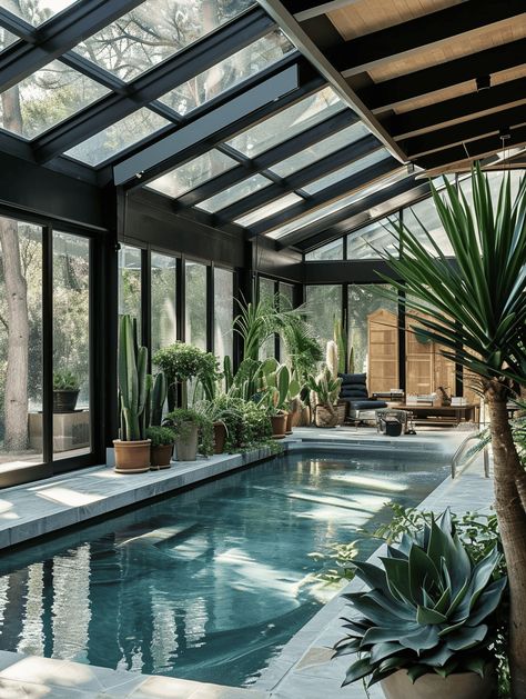 67 Creative Succulent Ideas to Elevate Your Room Design Swimming Pool In Greenhouse, Solarium Pool Sunrooms, Green House Pool Ideas, Indoor Pool Decor, Swimming Pool Ideas Backyard, Greenhouse With Pool, Indoor Pool Ideas Dream Homes, Sunroom With Pool, Indoor Pools In Houses