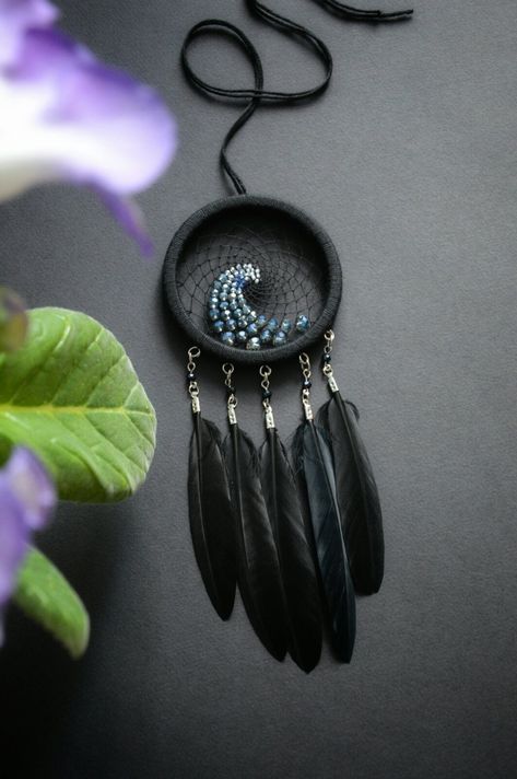 The black dream catcher with ocean wave ornament for car! It is made of a wooden hoop, sparkling glass beads, black marabou feathers. Small dream catcher amazing beauty. Ocean Themed Dream Catcher, Gemstone Dream Catcher, Dream Catcher Patterns Step By Step, Dreamcatcher Patterns, Wave Ornament, Dream Catcher Black, Beaded Dream Catcher, Black Dreamcatcher, Bed Canopies