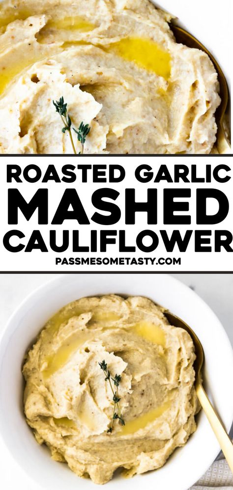 Roasted Garlic Mashed Cauliflower - The perfect gluten-free, veggie-centric side dish for any dinner or holiday meal! Roasted Garlic Mashed Cauliflower is creamy, garlicky, luscious side dish recipe that requires only 25-minutes to make!