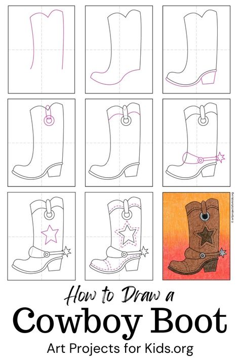 How To Draw A Cowboy Boot Step By Step, How To Draw Boots Step By Step, Drawing Cowboy Boots, How To Draw A Cowboy Boot, Boot Coloring Page, Western Crafts Diy, Cowboy Boots Drawing, Drawing Hacks, Learning Journal