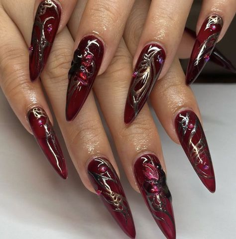 Nail inspo Dark Acrylic Nails, Taking New Clients, Red Stiletto Nails, Metallic Nails Design, Concert Nails, Dragon Nails, Emerald Nails, Velvet Nails, Fantasy Nails