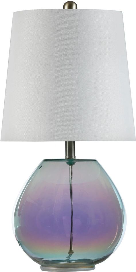 This green glass table lamp features a stylized curved base that provides a beautiful sophisticated look. Iridescent Lamp, Green Glass Table, Rainbow House, Elegant Table Lamp, Green Lamp, Vintage Room Decor, American Signature Furniture, Value City Furniture, Reno Ideas