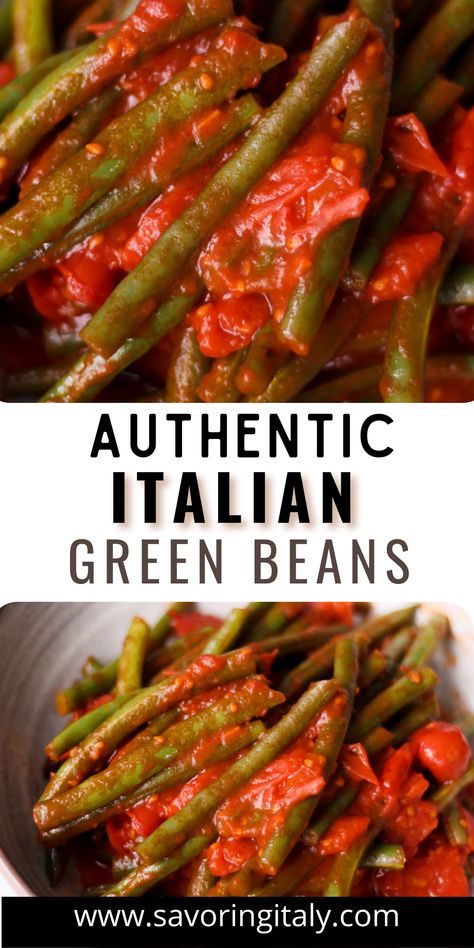 Discover how to make a delicious Italian-style green bean dish with this simple recipe! Fresh green beans are simmered in a flavorful blend of garlic, olive oil, onions, and tomatoes for a classic side dish that pairs perfectly with your favorite Italian dinner. Enjoy the authentic flavor of Italy's classic green bean dish with this easy and tasty recipe! Italian Green Beans With Tomatoes, Green Bean Recipes Italian, Italian Potatoes And Green Beans, Italian Style Green Beans Recipe, Green Bean Tomato Recipe, Italian Beans Recipe, Green Beans With Tomatoes And Onion, Italian Green Bean Casserole, Green Beans And Tomatoes Recipes