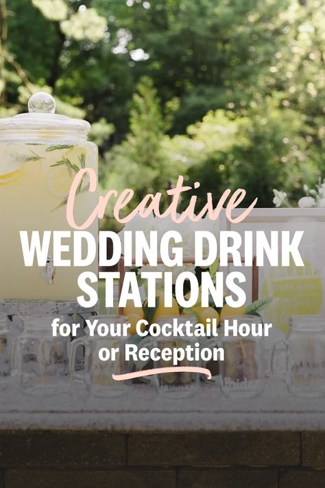 Wedding Alcohol Table Ideas, Event Drink Station, Serving Water At Wedding, How To Serve Drinks At A Wedding, Outdoor Wedding Drinks, Drink Ideas For Wedding Receptions, Wedding Reception Drink Station Ideas, Self Serve Drinks Station Wedding, Wedding Drink Table Ideas Beverage Stations