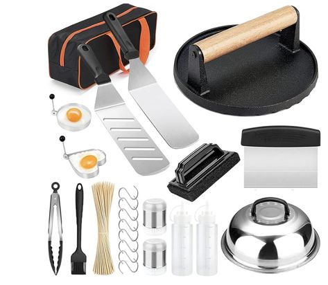 Blackstone Griddle Accessories Kit and Burger Press, 122 PCS Griddle Grill Tools Set for Blackstone Stainless Steel Grill BBQ Spatula Utensils Set with Storage Bag Cast Iron Burgers, Griddle Accessories, Meat Injector, Stainless Steel Griddle, Blackstone Grill, Grill Tools, Flat Top Grill, Griddle Grill, Burger Press