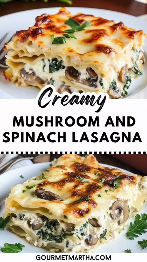 Creamy Mushroom and Spinach Lasagna Recipe - Best Vegetarian Comfort Food Mushroom Walnut Lasagna, Hearty Vegetarian Dinner, Creamy Veggie Lasagna, Creamy Mushroom Lasagna, Creamy Spinach And Mushroom Lasagna, Spinach Mushroom Lasagna Recipe, Mushroom Spinach Recipes, Mushroom Lasagna Roll Ups, Spinach And Mushroom Recipes