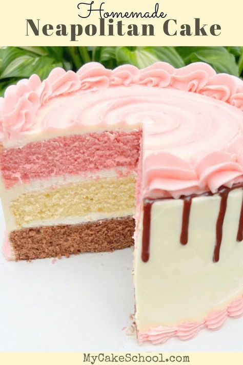 Neapolitan Cake - My Cake School My Cake School Recipes, Cake Slice Ideas, Cake Sandwich Ideas Desserts, Cakes For Bake Sale, Jenny Bakery, Neopolitan Cake, My Cake School, Neapolitan Cake, Cow Cake