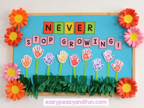 Spring Bulletin Board Ideas for Your Classroom - Easy Peasy and Fun Display Board Ideas For Kindergarten, Growing Greatness School Theme, Board Decoration Ideas For Kindergarten, Never Stop Growing Bulletin Board, Growing Bulletin Board Ideas, Board Design Classroom, Board Designs Ideas School, Sensory Bulletin Board Ideas, Class Display Board Ideas