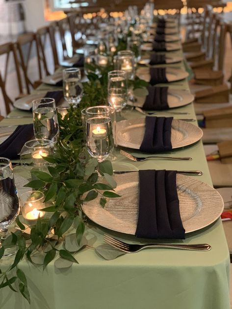 Navy Blue And Mint Green Wedding Decorations Table Settings, Navy Blue And Sage Green Wedding Table Decor, Green Table Cloth Wedding, Clear Votives, Sage Table, Navy Napkins, Quinceanera Decor, Wedding Plate Setting, Green Table Settings