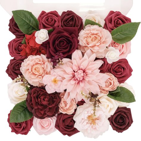 PRICES MAY VARY. This is a DIY flowers box set of different type of flowers and different colors as a theme. They are perfect for making bouquets, boutonnieres, cake flowers, crafts, headbands or any other flower decorations that serve as the icing on the cake. Package Lists: Refreshing Burgundy & Pink Theme; DIY artificial flower combo including 29pcs artificial flowers + 6pcs greenery/accessories. Pink Dahlia ×1, burgundy rose ×1, pink ranunculus ×4, pink rose ×1, pink peony ×1, red hydrangea Red Pink Flower Arrangements, Hoco Flowers, August Wedding Flowers, Pink Flower Arrangement, Making Bouquets, Diy Wedding Bouquets, Pink Flower Arrangements, Pink Ranunculus, Red Hydrangea