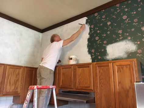 Kitchen Project: Painting Over Wallpaper Painting Over Wallpaper Border, Can You Paint Wallpaper, Covering Up Wallpaper Ideas, Painting Over Wallpaper How To, Paint Over Wallpaper Before And After, Can You Paint Over Wallpaper, How To Paint Over Wallpaper, Restored Campers, Wallpaper Over Wallpaper