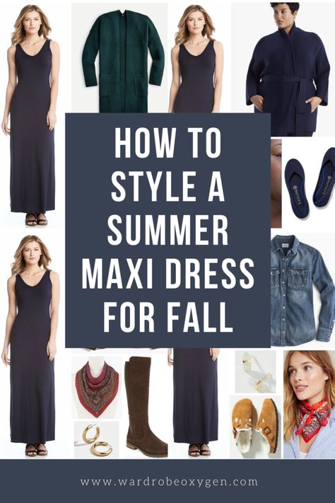 how to style a summer maxi dress for fall Long Dress In Winter How To Wear, Maxi Dress In The Winter, Fall Outfits Maxi Dress, Maxi Dress In The Fall, Navy Dress Casual Outfit, Jacket Over Maxi Dress, Maxi Dress At Work, What To Wear Over Maxi Dress, Maxi Dress Jacket Outfit