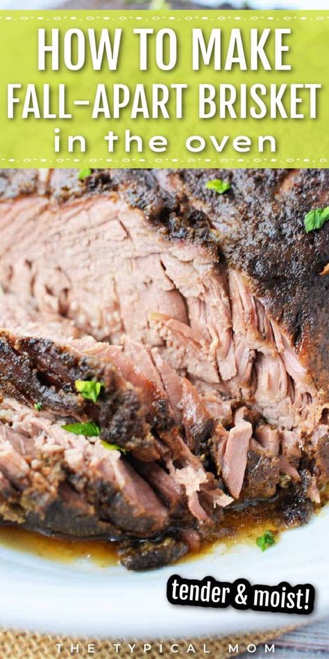 Looking for an easy and incredible beef brisket recipe? Our classic brisket recipe is seasoned with a homemade dry rub and cooked low and slow in the oven to create tender, fall-apart beef. You don't need a smoker to make this tender and juicy dish! This Beef Brisket is incredible and perfect for a Father’s Day dinner or any special occasion! Enjoy it in hearty and moist slices or shredded on a sandwich, smothered in barbecue sauce, or on mac and cheese! Smoked Brisket Flat Recipe, Smoked Brisket Flat, Oven Baked Brisket, Oven Brisket Recipes, Oven Cooked Brisket, Brisket In The Oven, Best Brisket Recipe, Baked Brisket, Best Brisket