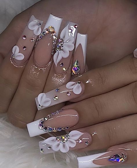 Quince Nails, Quinceanera Nails, Fancy Nails Designs, Nails Design With Rhinestones, Girly Acrylic Nails, Simple Acrylic Nails, Acrylic Nails Coffin Pink, Unique Acrylic Nails, Nails Spring