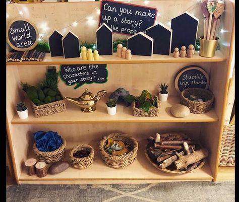 Reggio Small World Area, Reception Small World Area, Reggio Small World, Learning Provocations Classroom, Small World Area Early Years, Story Area Early Years, Shapes Provocations, Eyfs Nursery Layout, Reggio Reading Area