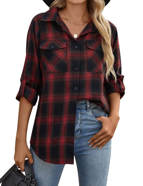 PRICES MAY VARY. polyester, soft and comfortable to wear. Imported Button closure Machine Wash Feature: The flannel shirts for women feature collared, single breasted button down front, long sleeves with roll up sleeves detail, two chest pockets, plaid pattern, business casual style. Design: The plaid shirts for women has versatile ways to wear in spring, fall, winter, tied at the waist, wrapped around waist, and as a cardigan, shirt jacket or shacket jacket, making any look seem instantly more Business Casual Blouse, Fall Flannel, Plaid Shirt Women, Plaid Shacket, Fall Tops, Womens Flannel Shirt, Trendy Tops For Women, Flannel Shirts, Women's Button Down Shirt