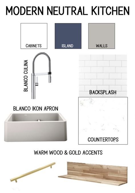 Kitchen mood board with marble counters and gray farmhouse sink Kitchen Design Boards Inspiration, Gray Farmhouse Sink, Mood Boards Kitchen, Kitchen Design Boards, Modern Kitchen Mood Board, Neutral Kitchen Cabinets, Big Home, Marble Counters, Kitchen Island Cabinets