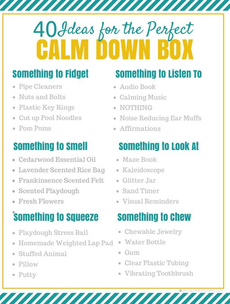 40 Ideas for the Perfect Calm Down Box Calm Box Ideas, Grounding Box Ideas, Calming Transition Activities, Calm Down Crafts, Sensory Coping Skills, Therapy Box Ideas, Calm Down Quickly, Calming Art Activities, Coping Skills Box