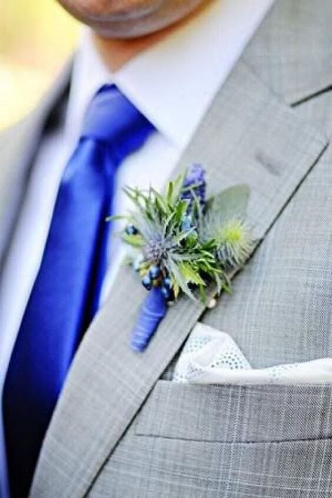 light gray grooms suit and royal blue tie and a boutonniere of thistle for summer royal blue wedding Suit With Royal Blue Tie, Grey And Royal Blue Suit, Grey Suit Blue Tie, Royal Blue Accessories, Cobalt Blue Weddings, Light Gray Wedding, Royal Blue Wedding Theme, Black Tie Wedding Invitations, Royal Blue Bridesmaids