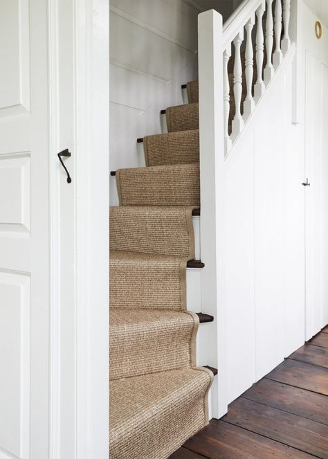 This Cottage is Entirely Void of Colour (and it's so SO good) | lark & linen Narrow Stairway, Cottage Staircase, Narrow Staircase, Room Artwork, Unique Furniture Pieces, Weekend House, Wide Plank Flooring, Seaside Cottage, Brick Flooring