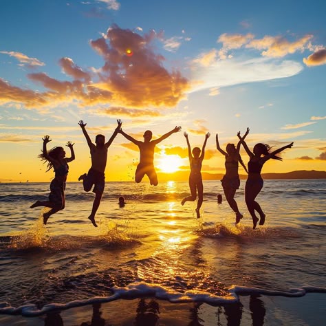 "#JoyfulBeachSunset: A group of #friends jumps high against a #stunning #sunset backdrop on a #sandy #beach. #joy #jumping #aiart #aiphoto #stockcake ⬇️ #Download and 📝 #Prompt 👉 https://stockcake.com/i/joyful-beach-sunset_144783_18556" Beach Day Family, Friend Holiday Pictures, Family Day Aesthetic, Friends For Vision Board, Freind Ship Images, Beach Side Poses, Cute Beach Pics With Friends, Friendship Vision Board Pictures, Friendship Pictures Group