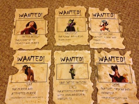 Today I made 'WANTED' posters for Disney villains. It was pretty easy - just created them on my laptop, tea stained and burnt the edges! I had to be a little creative thinking of the captions however! I plan to put them up at my disney themed 21st birthday party.  #disney #party #ideas #fancy #dress #disneyvillains #creating #decorations Disney Wanted Posters, Disney Theme Conference, Birthday Party Dress Up Themes For Adults, Wanted Disney Villains Poster, Disney Party Ideas Decorations Diy, Disney Villain Party Decorations Diy, Villians Party Ideas, Disney Themed 21st Birthday Party Ideas, Villian Decorations