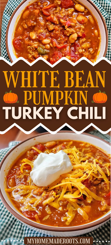 Cozy up with a bowl of White Bean Pumpkin Turkey Chili! This hearty and healthy fall recipe combines lean turkey, creamy white beans, and flavorful pumpkin for a unique twist on classic chili. Perfect for cooler weather and packed with nutritious ingredients, it's an easy and delicious way to warm up. #TurkeyChili #PumpkinRecipe #HealthyComfortFood #FallMeals #ChiliRecipe #EasyDinners" Ww Turkey Chili, Fall Weather Recipes, Healthy Fall Stew, Fall Soups Dairy Free, Fall Dishes Crockpot, Turkey Pumpkin Chili Crockpot, White Bean Pumpkin Turkey Chili, Fall Crockpot Soups And Stews, Chili Recipe Unique