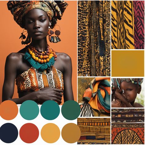 Mood board, color palette, ornament, African theme, African woman in national clothes African Woman Clothes, African Palette Color, African Inspired Color Palette, Mood Board With Color Palette, Wakanda Color Palette, Colors Of Africa, Culture Color Palette, Africa Colour Palette, African Website Design