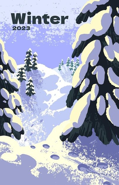 Winter season card snowy nature landscap... | Premium Vector #Freepik #vector #winter-cartoon #winter-sky #winter-scene #winter-landscape Winter Wonderland Graphic Design, Snow Landscape Illustration, Snow Graphic Design, Winter Tree Illustration, Snowy Illustration, Winter Poster Design, Snow Footprints, About Winter Season, Snowy Nature