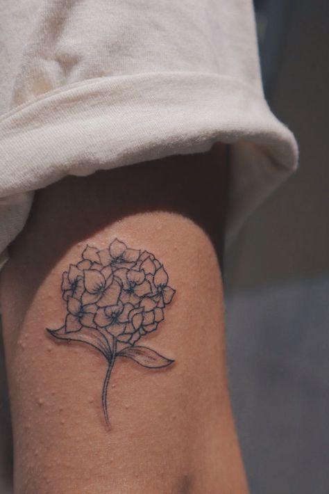 Fine Line Tattoo Hydrangea, Hydrangea Outline Tattoo, Minimalist Hydrangea Tattoo, Hydrangea Fine Line Tattoo, Tiny Hydrangea Tattoo, Black And White Hydrangea Tattoo, Hygrandea Tattoo, Hydrangea Tattoo Black And White, Small Hydrangea Tattoo