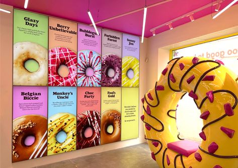 Biles Hendry “capitalises on indulgence” for healthy donut branding | Design Week Donuts Store Design, Donut Interior Design, Sweet Store Design, Donut Booth Design, Donut Package Design, Donut Shop Decor, Donut Cafe Design, Donut Store Design, Doughnut Shop Interior Design