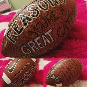 Lexi's Boyfriend Valentine's Birthday Football Sports keepsake football!! Sharpie football! Gift ideas! Football Boyfriend Gifts, Football Gift Ideas, Gifts For Boyfriend Long Distance, Diy Valentines Gifts For Him, Birthday Football, Birthday Present For Boyfriend, Boyfriend Valentines, Football Boyfriend, Valentines Birthday