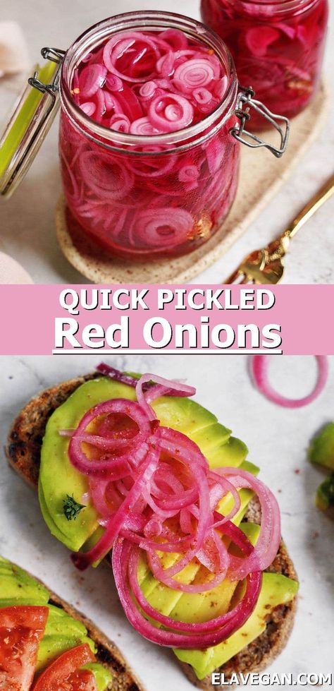 How to make pickled red onions with 5 base ingredients and in just minutes! These quick pickled red onions are sweet, tangy, and crisp. They’re the ultimate condiment to elevate burgers, tacos, salads, and more! #pickledredonions #pickledonions #onionpickle #howtopickleonions #onionrecipe #elasrecipes | elavegan.com Make Pickled Red Onions, Ella Vegan, Burger Tacos, Pickled Vegetables Recipe, Red Onion Recipes, Quick Pickled Red Onions, Quick Pickled Onions, Quick Pickled, Cooking Homemade