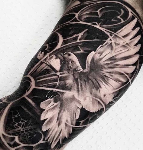 Dove Tattoo by Yz Asencio Dove Tattoo Design, Dove Tattoos, Dove Tattoo, Realistic Tattoo Sleeve, Religious Tattoo, Jesus Tattoo, Angel Tattoo Designs, Religious Tattoos, Greek Tattoos