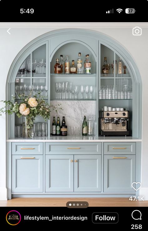 Teal Butlers Pantry, Dark Blue Wet Bar, Coastal Wet Bar, Arch Pantry, Built In Bar Nook, Houston Townhouse, Dining Room With Bar, Bookshelf Arrangement, Arched Shelving