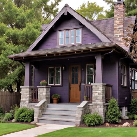 20 Purple House Exterior Ideas That Go Beyond the Grape Purple Home Exterior Color Schemes, Dark Purple House Exterior, Funky House Exterior, Purple House Exterior, Sherwin Williams Exterior Paint Schemes, Purple Victorian House, Purple Bungalow, Brown House Exterior, Purple Cottage