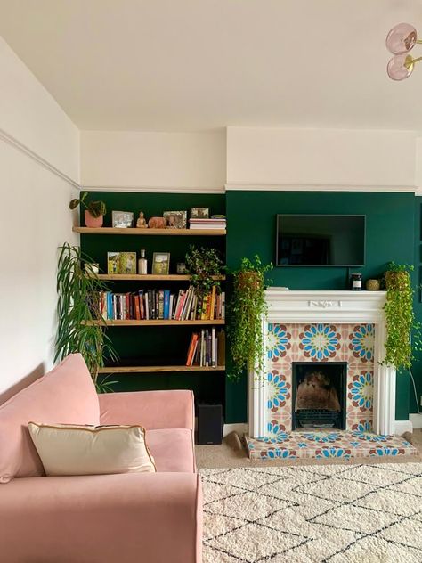 Home Library Ideas, Dark Green Paint, Ikea Billy Bookcase Hack, White Fireplace, Traditional Paint, Moving Home, Living Room Decor Fireplace, Teal Walls, Library Ideas