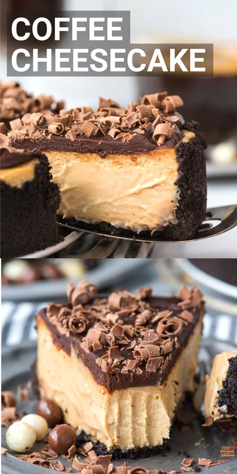 slice of coffee cheesecake with chocolate curls on metal spatula Coffee Cheesecake, Big Coffee, Oreo Crust, Dessert Aux Fruits, Cheesecake Desserts, Baking Sweets, Chocolate Cheesecake, Diet Keto, Easy Baking Recipes